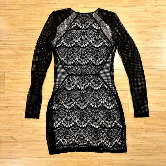 Express Black Lace Mesh Long Sleeve Bodycon Mini Dress Size Small Sexy Club Y2K - Picture 6 of 7